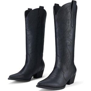 Women's Cowgirl Boot Embroidered Knee-High Western Boots Pointy Toe Matte Black